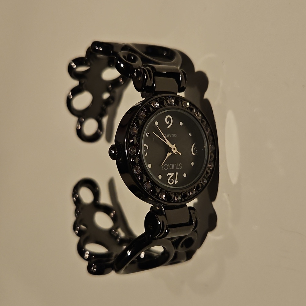 Studio Women's Black and Silver Watch with Crystal Details